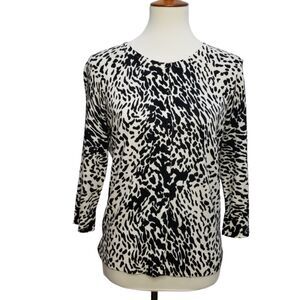 Talbots Cardigan Sweater Black White Animal Print Cotton Bl 3/4 Slv Petite S